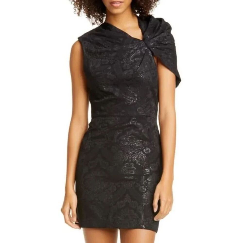 Alice + Olivia Kiro Ruffled Shoulder Mini Dress Black Embossed Knot. Size 4